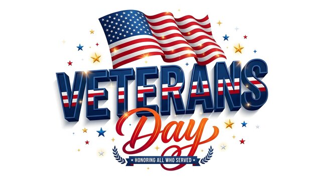 Honoring american heroes veterans day watercolor typography with waving united states flag