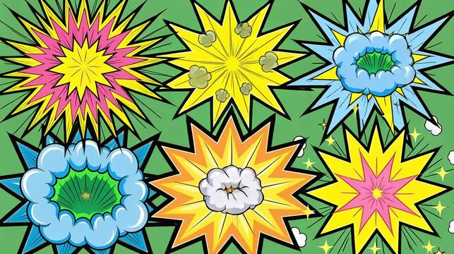 Colorful comic book style explosion clouds and speech bubble bursts