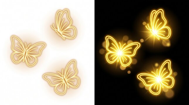 Glowing golden neon butterflies on split white and black backgrounds with sparkling light effects