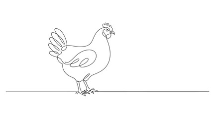 Fototapeta premium Continuous line art drawing of a farm chicken standing on a single line with farm animal