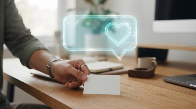 Business professional holding a blank white card with a glowing holographic social media heart like icon in a modern home office for digital marketing and brand networking concepts.