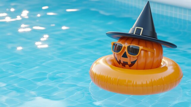 Halloween pumpkin character wearing witch hat and sunglasses floating on orange inflatable ring in swimming pool