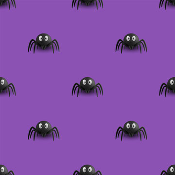 Spider Pattern Vector Illustration. Spider Seamless Pattern. Black Spider Background on Purple. Spooky Halloween Repeat Design for Textile, Fabric, Wrapping Paper, Wallpaper, Party Decor, Print
