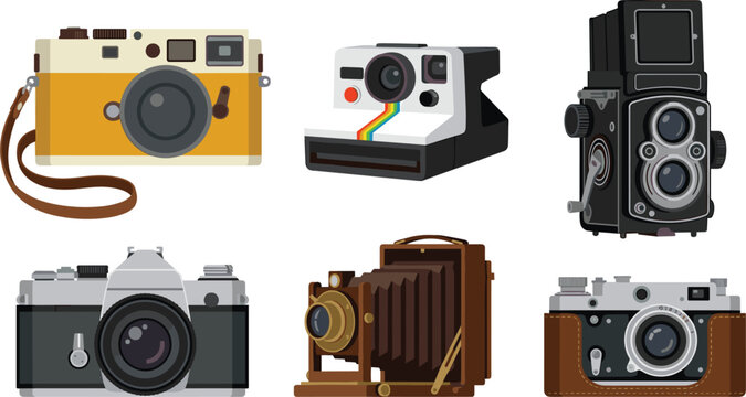Vintage Camera Vector Illustration Set Featuring Retro Instant Film Camera Twin Lens Reflex Old Folding Accordion Box Camera Rangefinder and Classic SLR Photography Icons