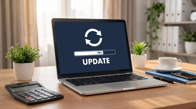 Laptop computer showing software update progress on screen in an office