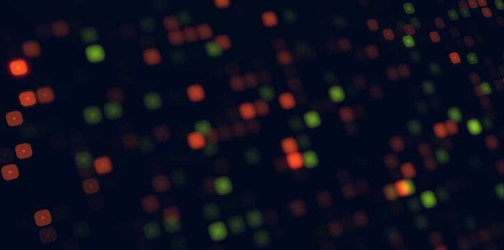 Flowing Digital Data with Glowing Cyan Squares and Geometric Patterns.Futuristic digital data grid background with animated glowing blocks and network interface elements
