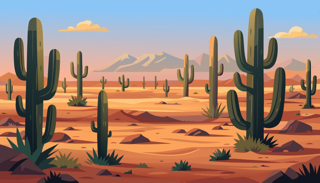  desert, cordillera, cacti, succulents, clouds, rocks, sand, sandstone, mountains, bushes, grass, shadow, vector, panorama, banner, postcard, scenery,  adventure, western, nature.