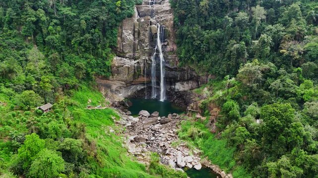 Wide Aerial Reveal of Aberdeen Falls in Sri Lanka