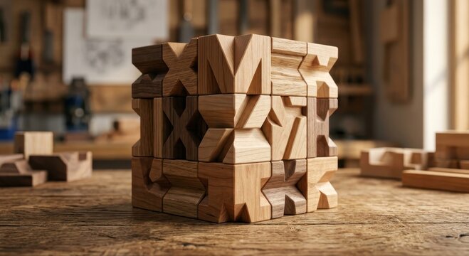 Intricately Carved Geometric Wooden Blocks Stacked in a Studio Setting