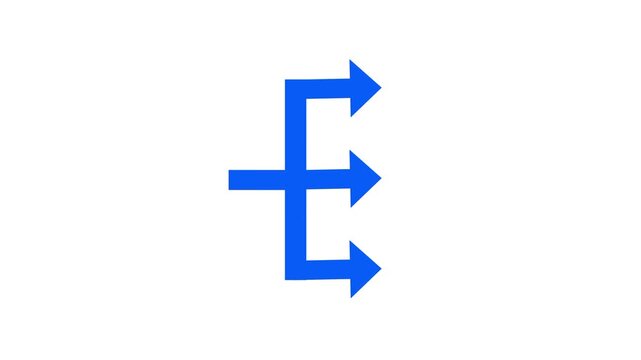 Blue arrow bending upward then sharply rightward, forming an angular stepped pathway resembling a flowchart routing or branching path symbol shown