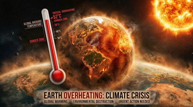 Planet Earth glows fiery, engulfed in heat. Thermometer shows rising temperatures, alarming levels. Global warming and destruction loom in the background. The sun burns fierce against a darkened sky