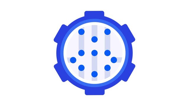Circular blue gear shaped icon containing several scattered dots inside, resembling a processor chip or mechanical control module design piece shown