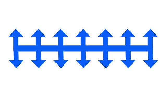 Row of blue double headed arrows pointing both upward and downward together, representing bidirectional data exchange and synchronization flow shown