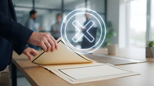 Business Professional Reviewing Document with Glowing X Symbol Overlay Indicating Rejection, Error, or Disapproval in a Modern Office Environment