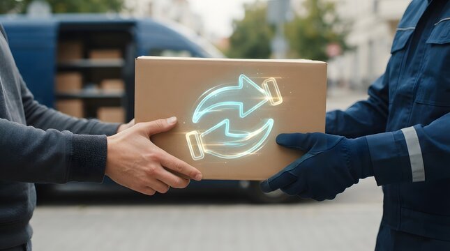 Delivery Courier Handing Cardboard Box with Digital Return Icon to Customer, Reverse Logistics and E-commerce Shipping Concept