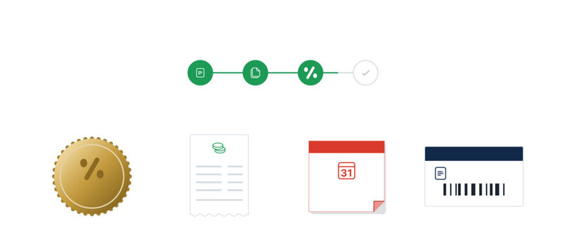Tax filing icon set gather declare deduct stages refund slip