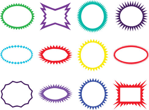 Vector Graphics Set of Assorted Colorful Starburst Badges, Sunburst Frames, and Decorative Geometric Borders for Labels and Sale Signs