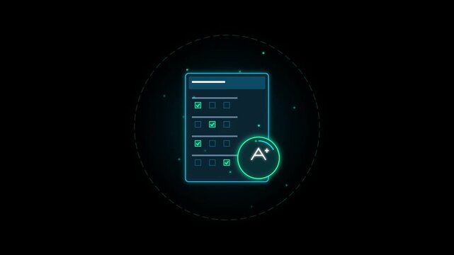 Animated glowing digital test sheet with multiple choice checkmarks and A+ score badge on transparent background. Ideal for online exam, skill assessment, and EdTech.