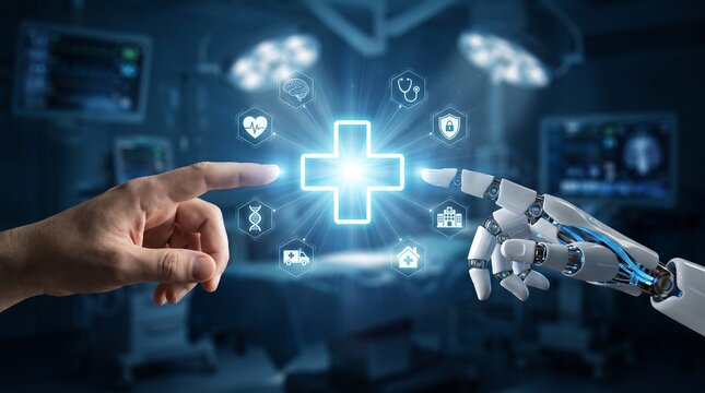 Human hand and robotic hand touching a digital medical interface in a modern hospital room