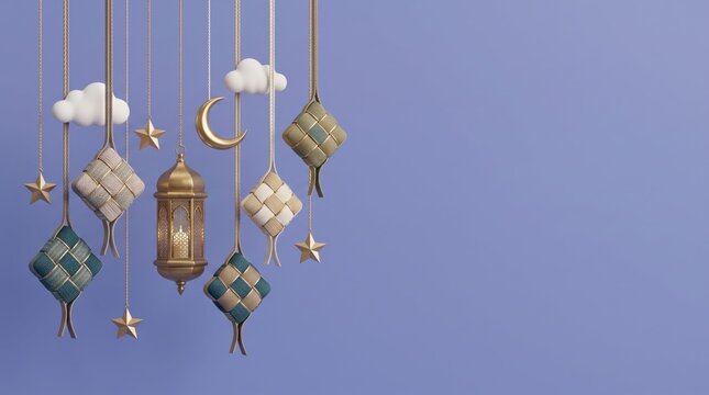 Decorative hanging lanterns and stars with crescent moon and clouds