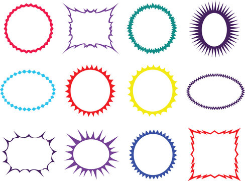 Vector Graphics Set of Assorted Colorful Starburst Badges, Sunburst Frames, and Decorative Geometric Borders for Labels and Sale Signs