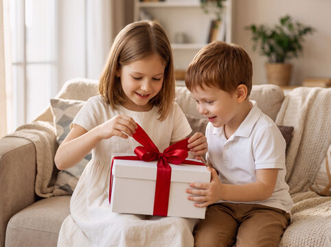  Happy Brother and Sister Opening a White Gift Box with Red Ribbon on Sofa at Home. Perfect concept for National Siblings Day, birthday celebration, Christmas, or family bonding moments.