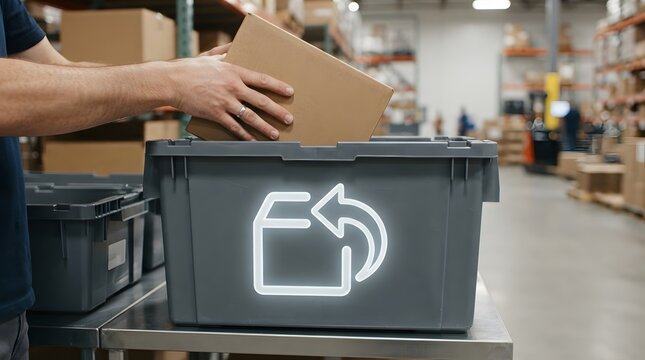 Close-up of warehouse worker's hands placing a cardboard box into a return bin with a digital icon, concept of reverse logistics and e-commerce return process in a distribution center.