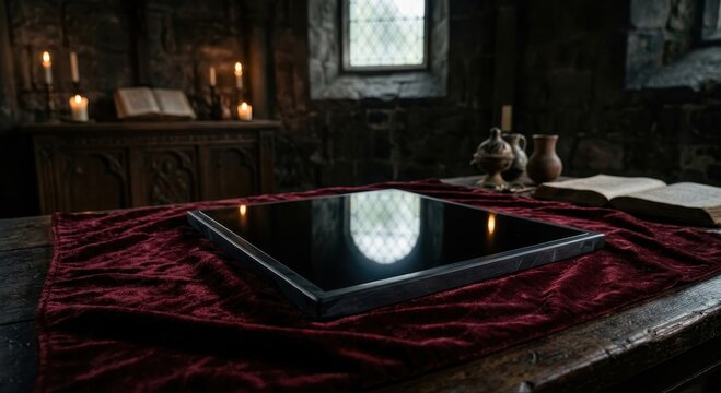 Mystical Obsidian Mirror Reflecting Candlelight in an Ancient Stone Room with Antique Furnishings