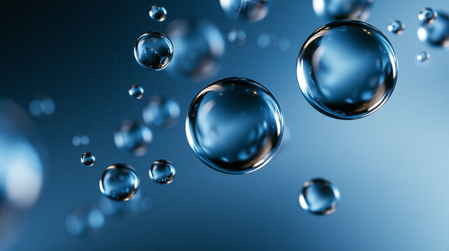 Floating Clear Water Droplets on Blue Gradient Background
