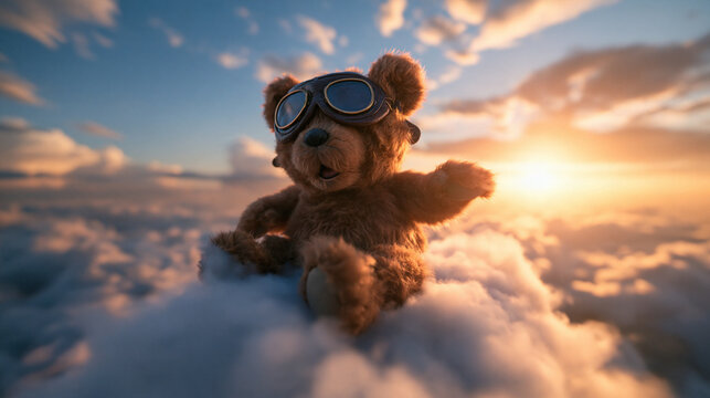 Teddy Bear Wearing Aviator Goggles on Clouds at Sunset