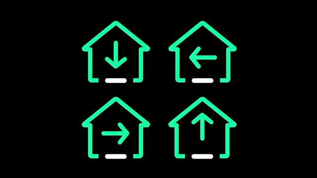 Four green home icons arranged in a grid formation feature directional arrows pointing inward and outward to represent property management navigation control