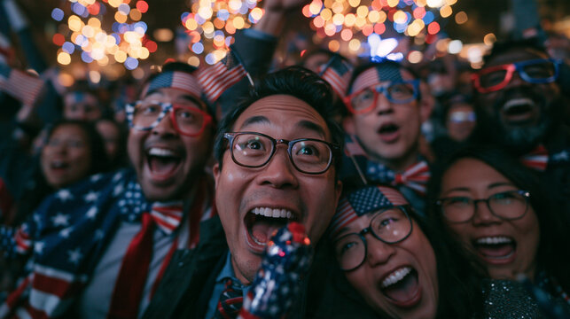 Excited Crowd Celebrating Patriotic Holiday Under Fireworks at Night