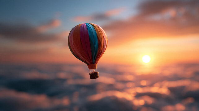 Hot Air Balloon Flying Above Clouds at Sunset