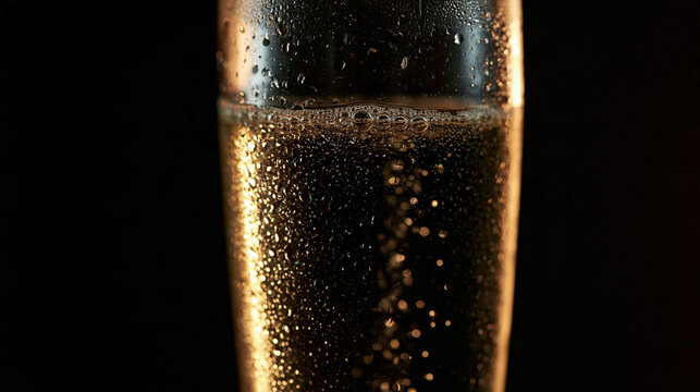 Champagne Glass with Rising Bubbles on Dark Background