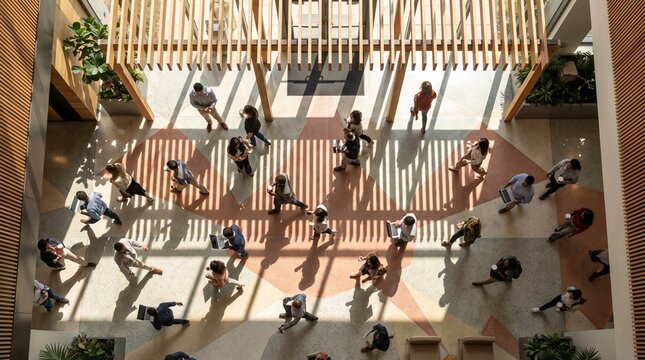 High angle view of diverse business people walking through a modern sunlit corporate office lobby with architectural shadows