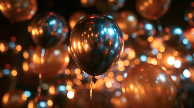Metallic Balloons Floating with Bokeh Lights at Celebration