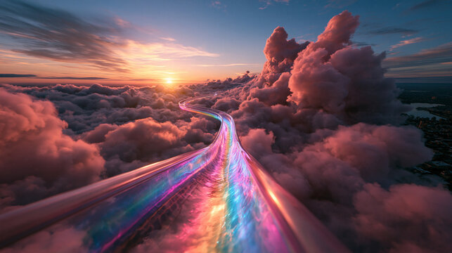 Iridescent Rainbow Pathway Leading Through Clouds Toward Sunset