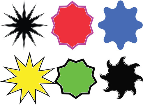 Vector Graphics Set of Colorful Starburst Badges and Geometric Label Shapes