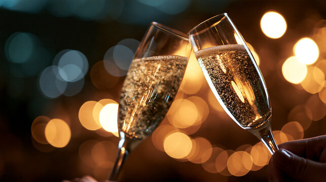 Toasting Champagne Glasses with Golden Bokeh Background