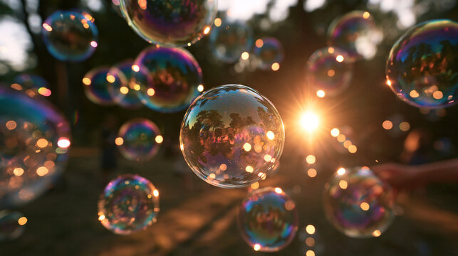 Soap Bubbles Floating in Sunlight During Golden Hour
