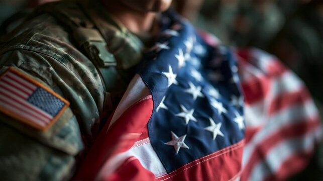 American Soldier Holding US Flag Close to Chest