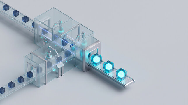 Isometric 3D render of automated glass software delivery pipeline transforming code blocks into glowing cyan deployment packages on light grey backdrop with copy space
