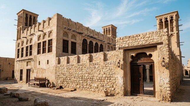 Historic Arabic building with wind towers, traditional architecture, desert city
