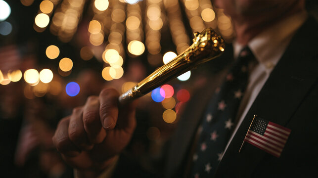 Politician with American Flag Pin Holding Golden Cane