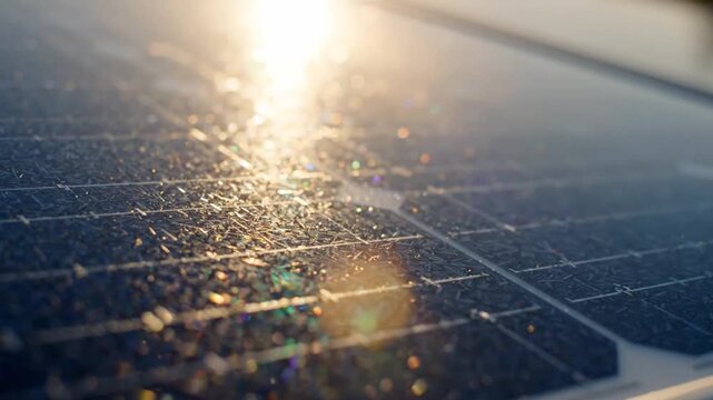 Close-up of a solar panel surface gleaming brightly in the warm sunlight, highlighting clean energy technology and power generation