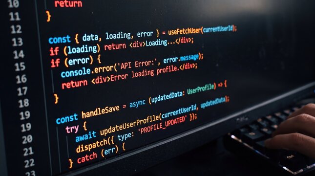 Software coding screen on monitor photo. Programmer typing code on keyboard. Technology photography for IT development and programming.