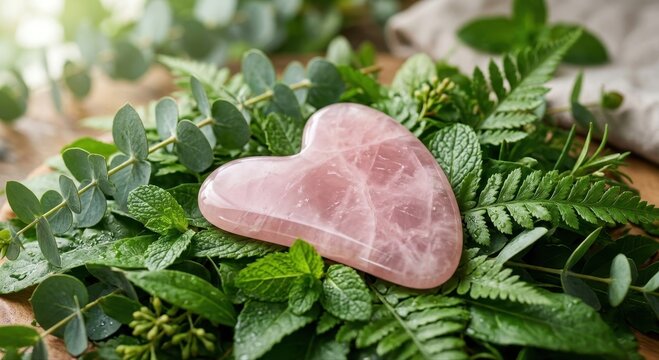 Polished Rose Quartz Gua Sha Beauty Tool Surrounded by Lush Greenery