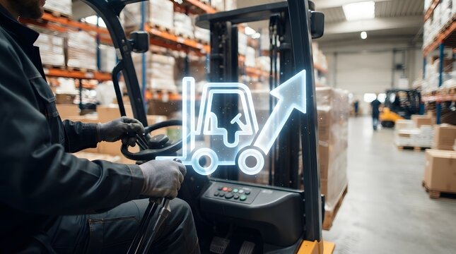 Warehouse worker operating a forklift with a digital productivity icon, symbolizing smart logistics and supply chain optimization in a modern industrial storage facility.