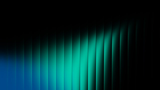 Abstract 3D ribbed glass gradient texture background with glowing teal blue light on dark black surface