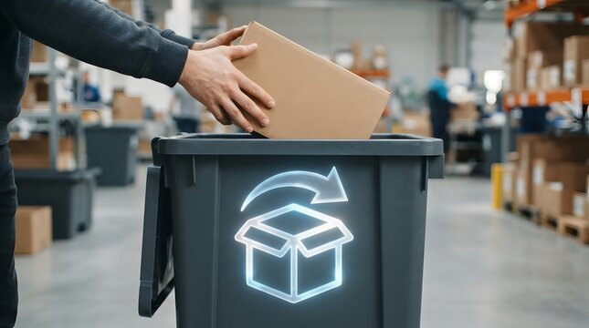 Professional warehouse worker processing a product return by placing a cardboard box into a bin with a glowing digital return icon, highlighting efficient e-commerce logistics solutions.